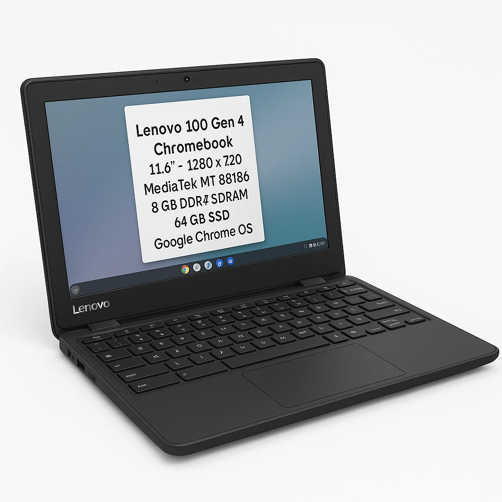 Lenovo 100e Gen 4 - Chromebook - 11.6" - 1280 x 720 LCD - MediaTek MT8186 / 2.05 GHz - 8 GB - DDR4 SDRAM - 64 GB SSD - Intel HD Graphics - Google Chrome OS - Black - Spanish - 1-year warranty