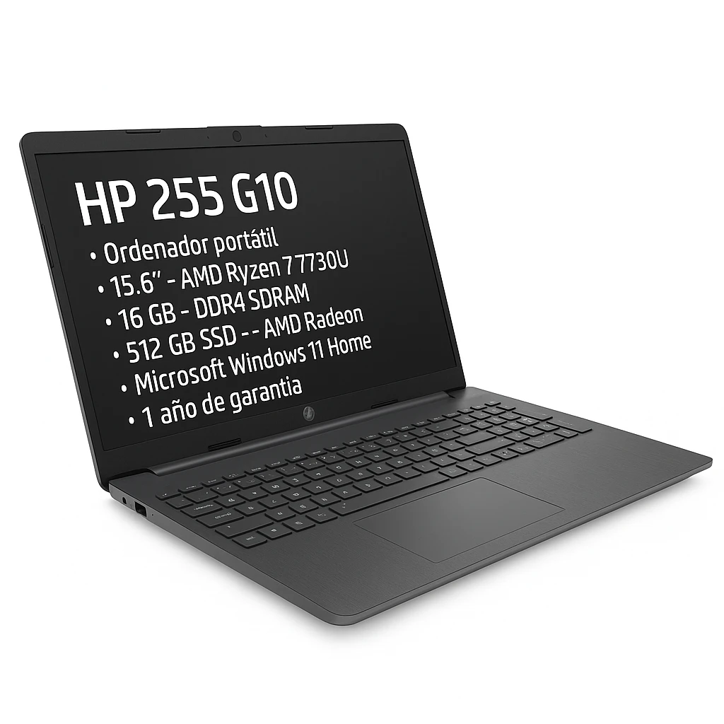 HP 255 G10 - Ordenador portátil - 15.6" - AMD Ryzen 7 7730U - 16 GB - DDR4 SDRAM - 512 GB SSD - AMD Radeon - Microsoft Windows 11 Home - 1 año de garantía
