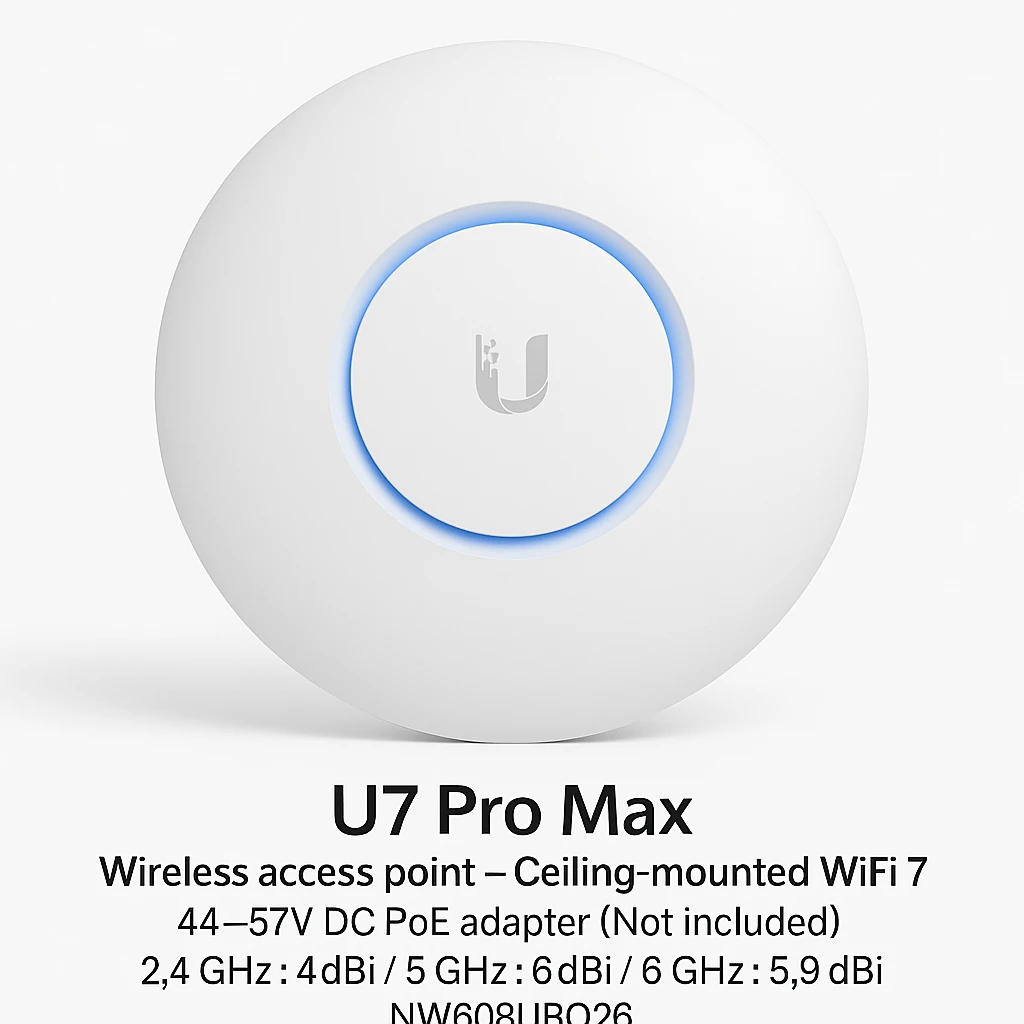 Ubiquiti U7 Pro Max - Wireless access point - Ceiling-mounted WiFi 7 - 44—57V DC  PoE adapter (Not included) - 2.4 GHz : 4dBi / 5 GHz : 6dBi /6 Ghz : 5,9dBi
