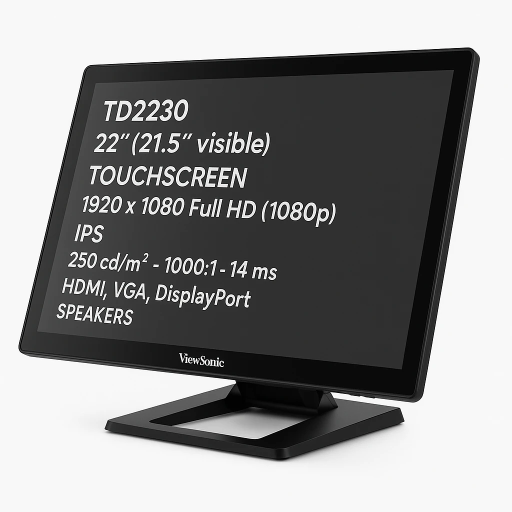 ViewSonic TD2230 - Monitor LED - 22" (21.5" visible) - pantalla táctil - 1920 x 1080 Full HD (1080p) - IPS - 250 cd/m² - 1000:1 - 14 ms - HDMI, VGA, DisplayPort - altavoces