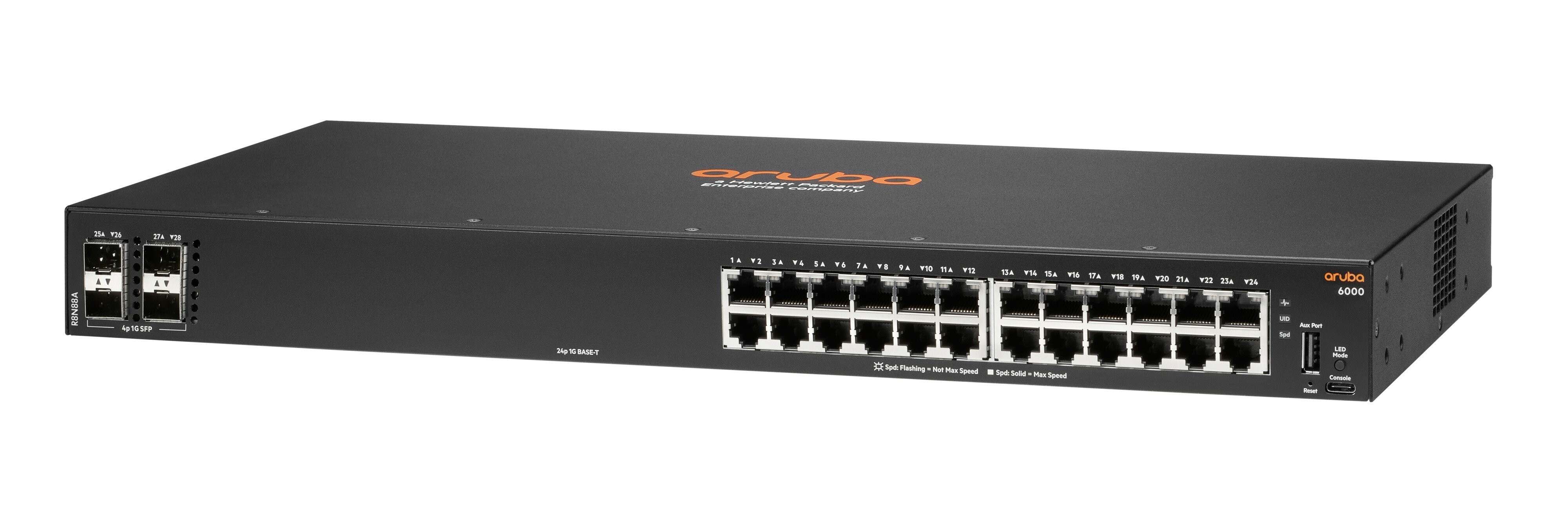 HPE Aruba 6000 24G 4SFP Switch - Conmutador - L2 - Gestionado - 24 x 10/100/1000 + 4 x Gigabit SFP - flujo de aire de lado a lado - montaje en rack - CA 100-127 V/200-240 V