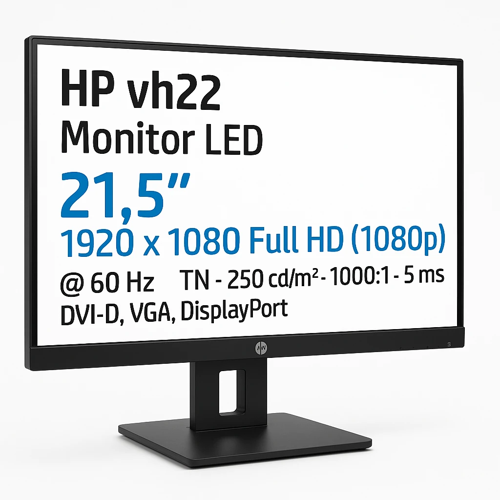 HP vh22 - Monitor LED - 21.5" - 1920 x 1080 Full HD (1080p) @ 60 Hz - TN - 250 cd/m² - 1000:1 - 5 ms - DVI-D, VGA, DisplayPort - negro