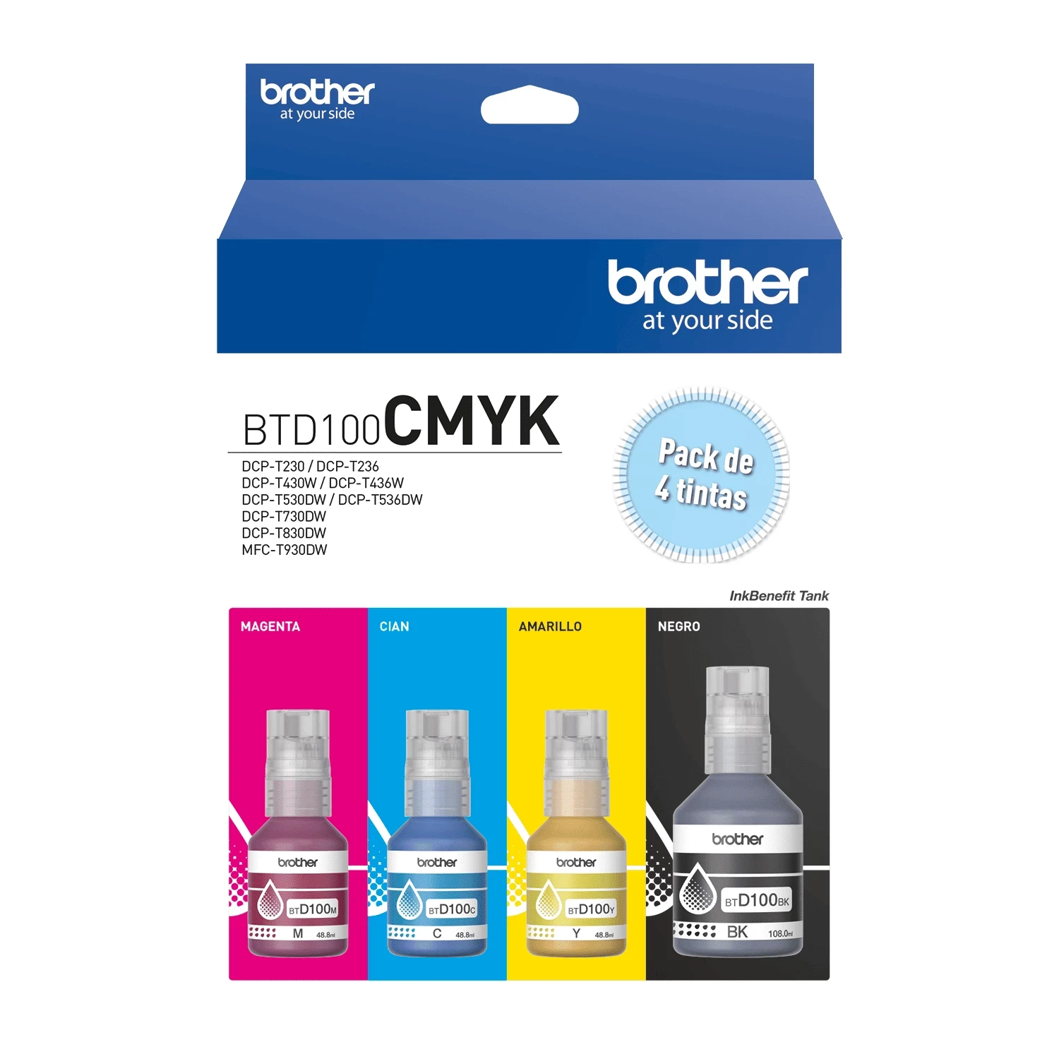 Brother - BTD100CMYK - Ink Bottle - Color (cyan, magenta, yellow, black) - Pack of 4 bottles